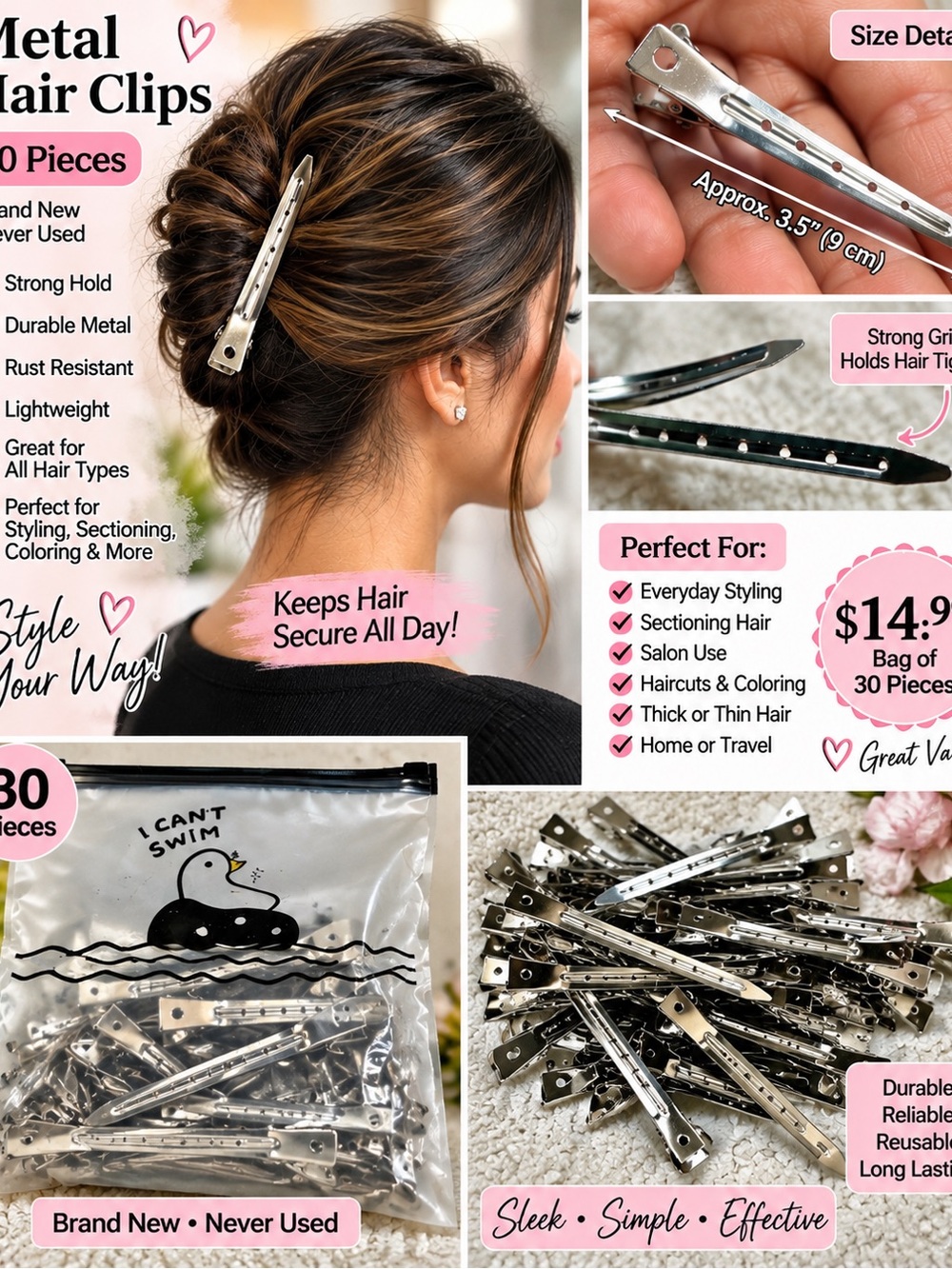 Metal Hair Clips for Women - Silver Alligator Clips (30 Pieces)